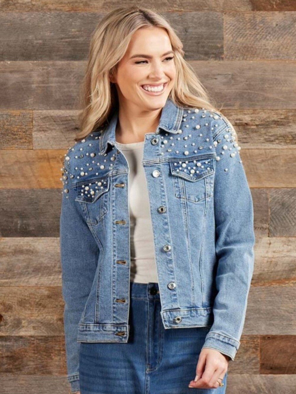 NWOT Pearl Embellished Denim Jacket